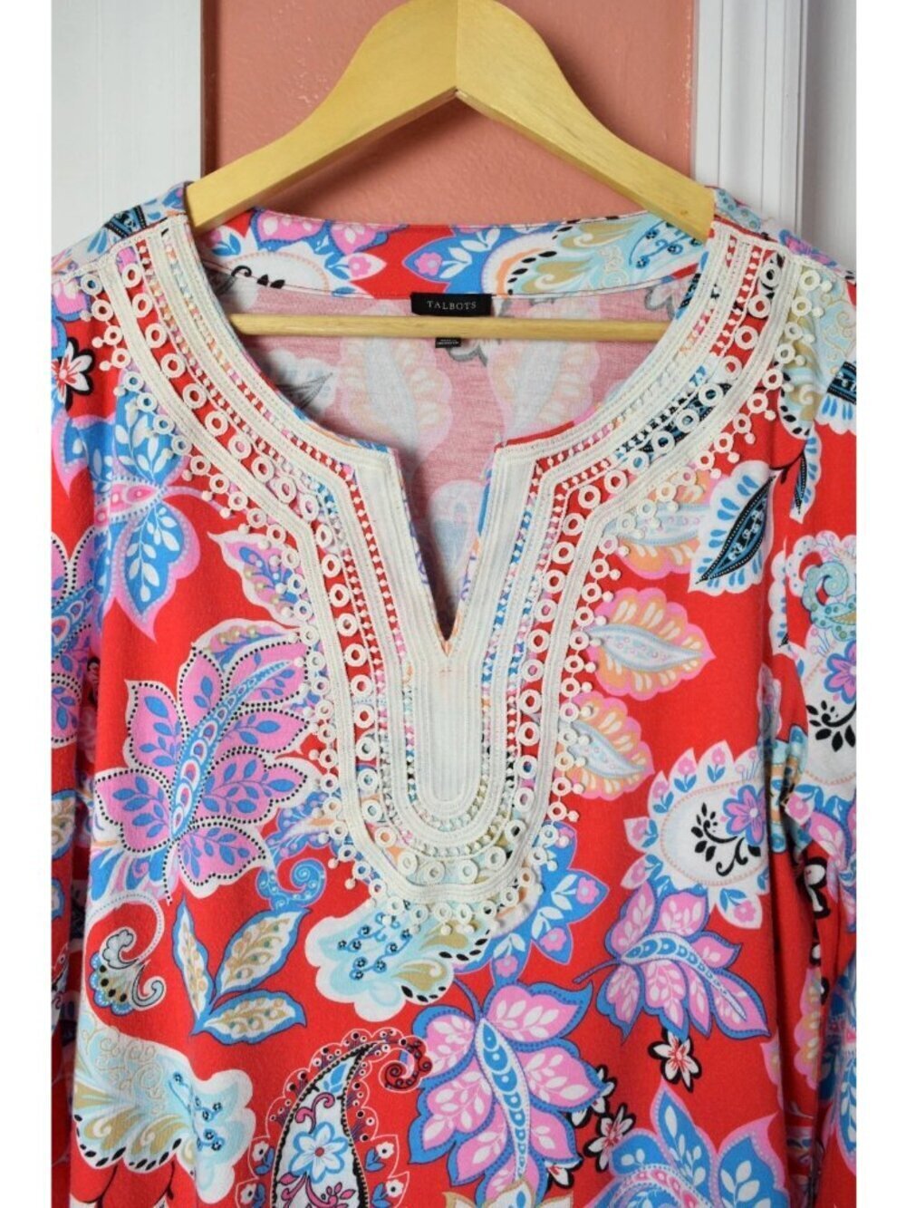 TALBOTS PIMA COTTON BLEND RED PAISLEY FLORAL PRINT CROCHET TUNIC TOP - Picture 3 of 10